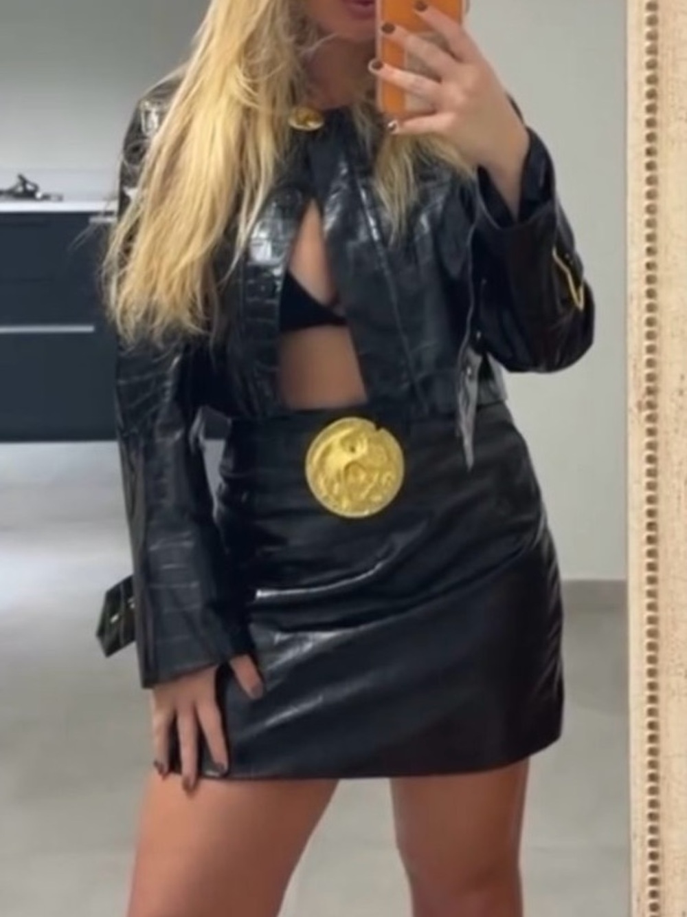 Black Cropped Leather Jacket with Gold Hardware and matching skirt set - Women